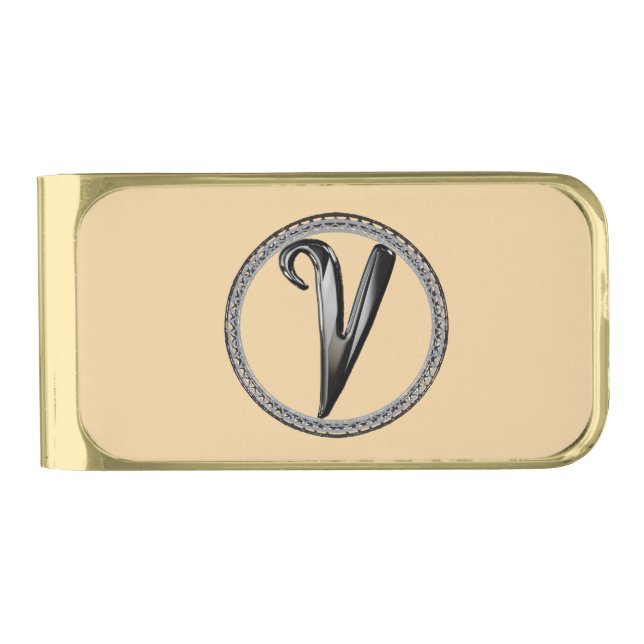 V Monogram Gold Finish Money Clip (Front)