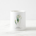 V Monogram Gold Greenery Leaves Elegant Name Coffee Mug<br><div class="desc">Green leaves and gold foliage bold letter mug for home,  office,  or party.</div>