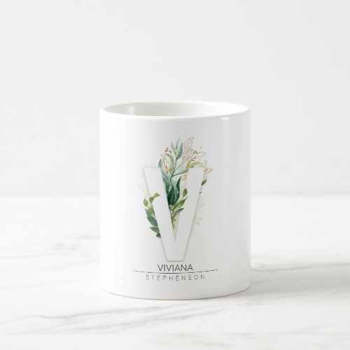 V Monogram Gold Greenery Leaves Elegant Name Coffee Mug