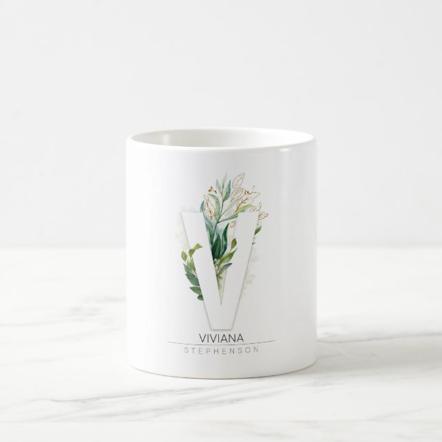 V Monogram Gold Greenery Leaves Elegant Name Coffee Mug (Center)