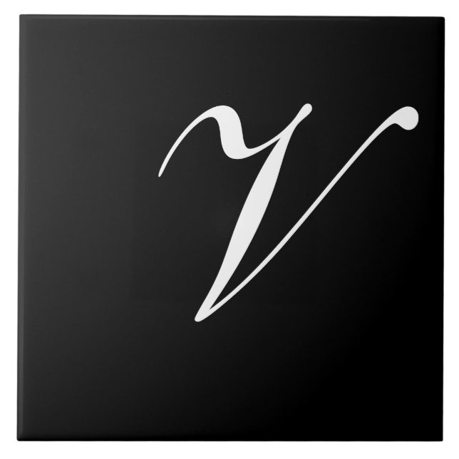 V Monogram Initial White on Black Ceramic Tile (Front)