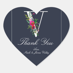 V Monogram Last Initial Modern Blue Floral Wedding Heart Sticker