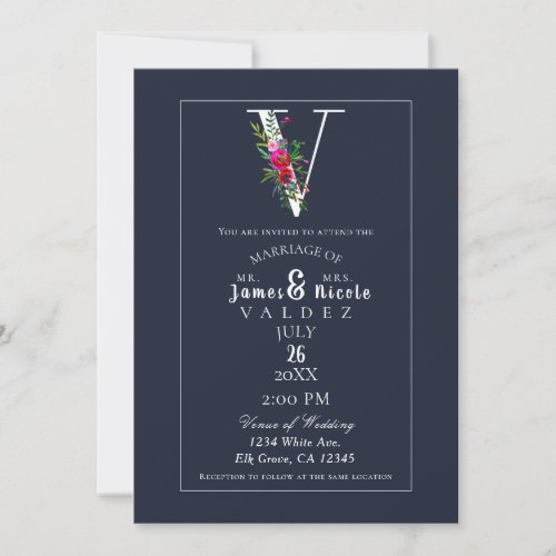 V Monogram Last Initial Modern Blue Floral Wedding Invitation