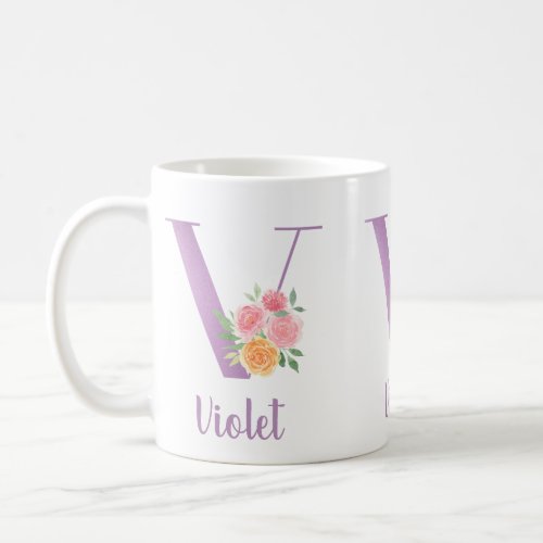 V Monogram Purple Floral Watercolor Personalized Coffee Mug