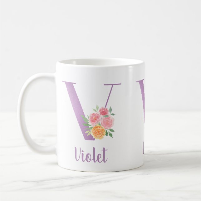 V Monogram Purple Floral Watercolor Personalized Coffee Mug (Left)