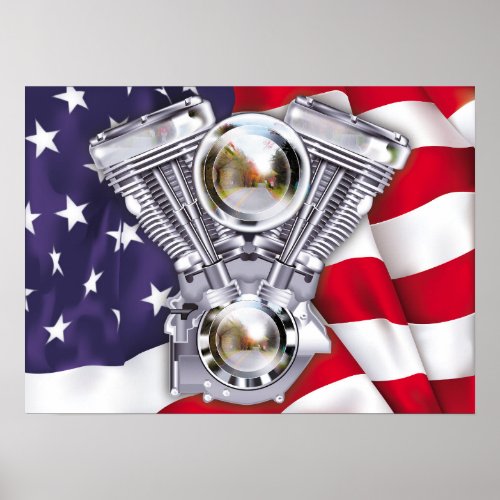 V_Twin Engine on American Flag Poster