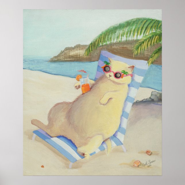 Vacation Beach Cat Under Palm Tree Wall Art (Front)