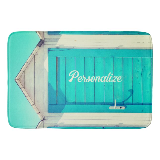 Vacation beachfront cabana turquoise white bath mat (Front)