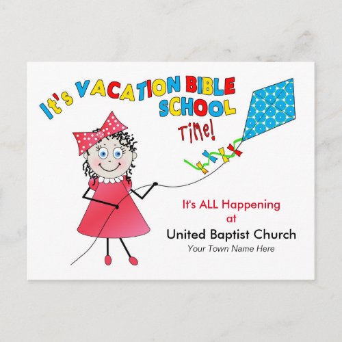 VACATION BIBLE SCHOOL POSTCARD _ GIRL FLYING KITE