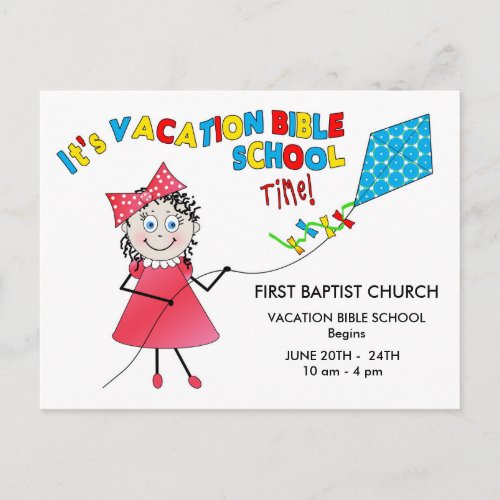 VACATION BIBLE SCHOOL POSTCARD _ GIRL FLYING KITE