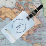 Vacation cruise names year lighthouse luggage tag<br><div class="desc">Nautical,  coastal beach theme. A light blue sky as background and a white lighthouse and a seagull,  bird as decoration. 
Personalize and add your names and year,  vacation destination
Back: add your contact information</div>