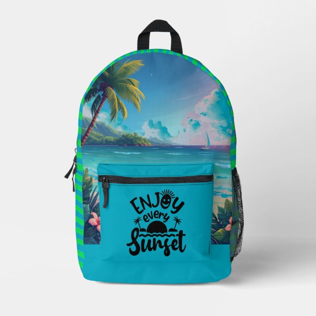 Vacation, Enjoy Every Sunset, Beach, Summer Printed Backpack (Front)