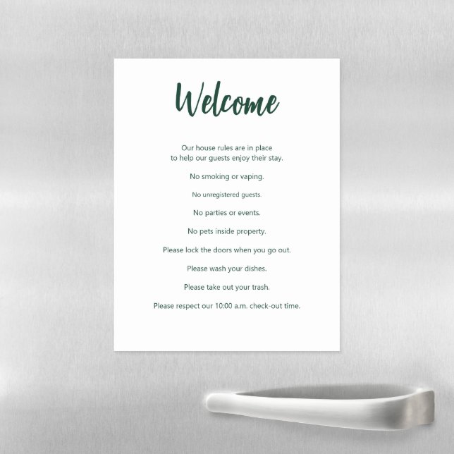 Vacation House Rules Dark Green and White Magnet Magnetic Dry Erase Sheet (In Situ)