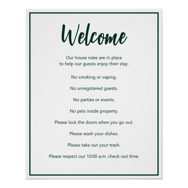Vacation House Rules Dark Green and White Template Poster (Front)