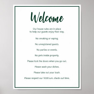 Vacation House Rules Dark Green and White Template Poster