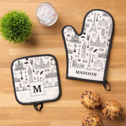 Vacation In Europe Pattern Oven Mitt  Pot Holder Set