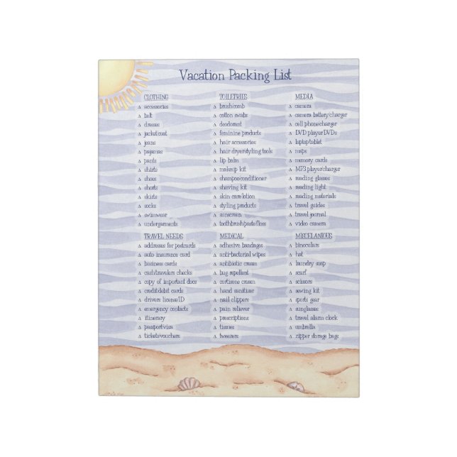 Vacation Packing List Notepad (Rotated)