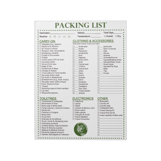 Vacation Packing List, Personalized Globe Monogram Notepad (Rotated)