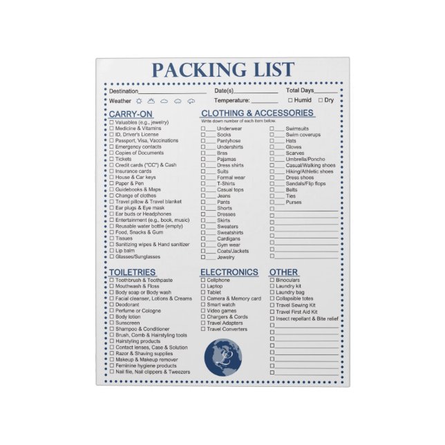 Vacation Packing List, Personalized Globe Monogram Notepad (Rotated)