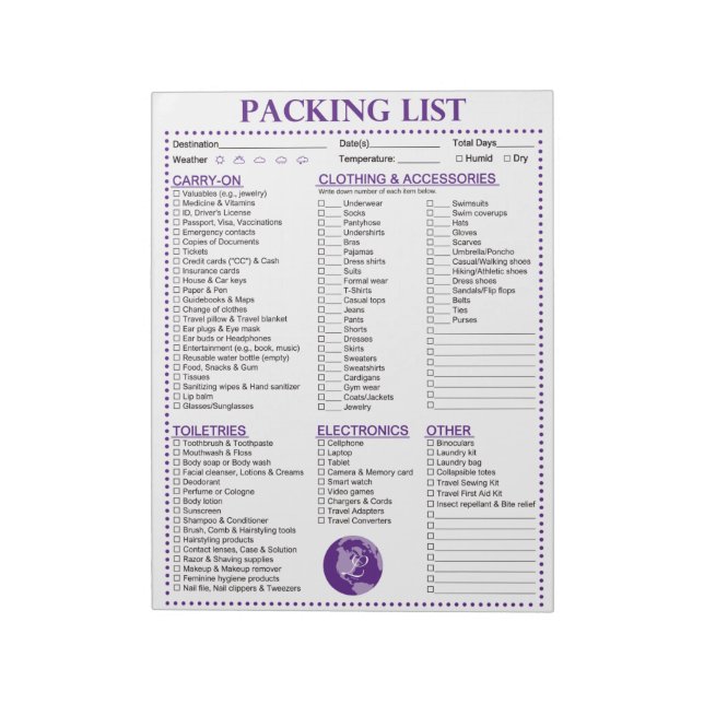Vacation Packing List, Personalized Globe Monogram Notepad (Rotated)