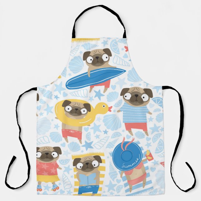 Vacation pugs, summer beach seamless. apron (Front)