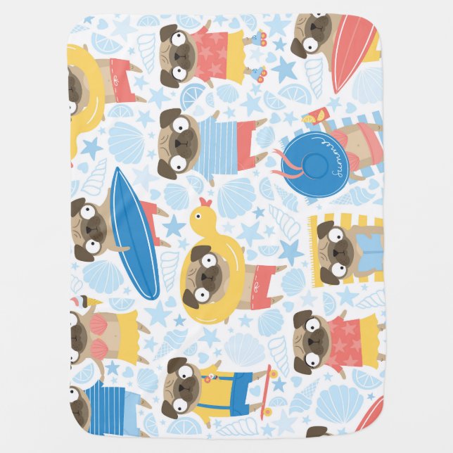 Vacation pugs, summer beach seamless. baby blanket (Front)