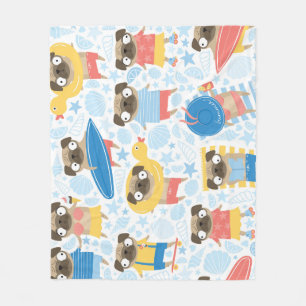 Vacation pugs, summer beach seamless. fleece blanket