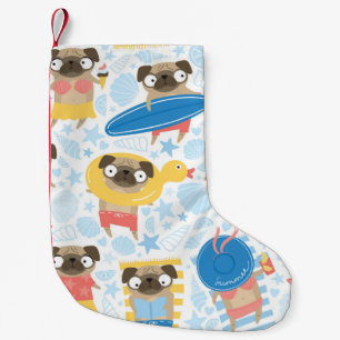 Vacation pugs, summer beach seamless. small christmas stocking