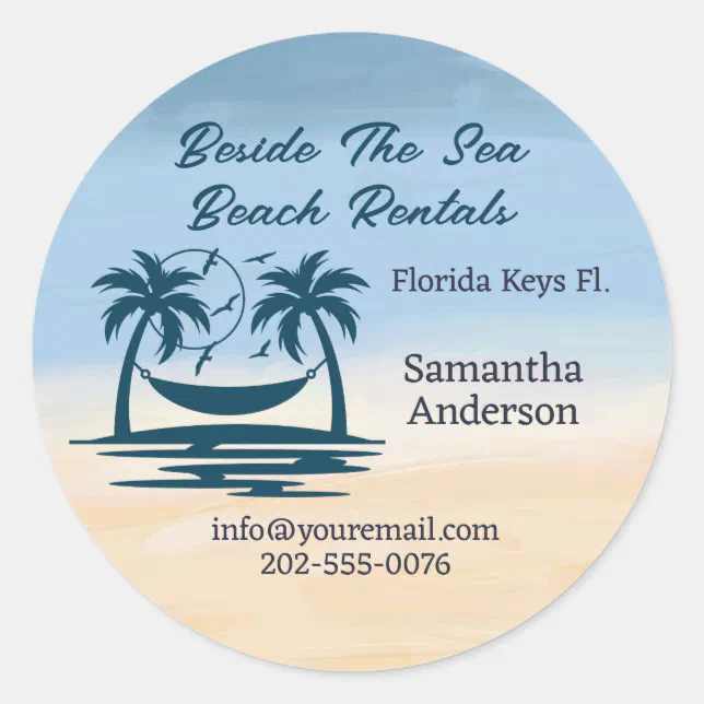 Vacation Rental Beach Palm Tree Classic Round Sticker | Zazzle