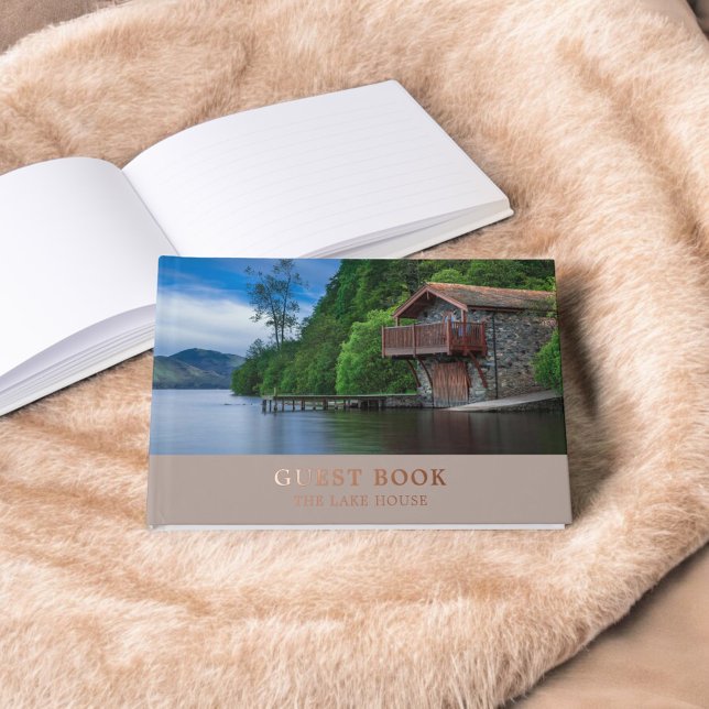 Vacation Rental Elegant Photo Beige Foil Guest Book (Creator Uploaded)