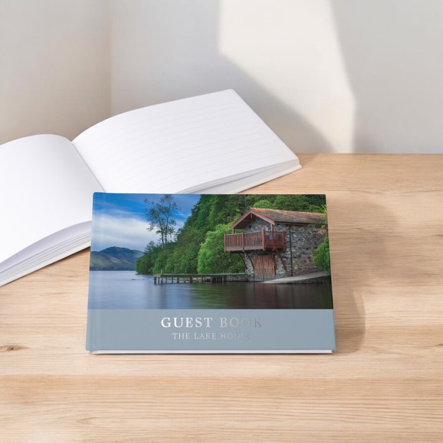 Vacation Rental Elegant Photo Blue Foil Guest Book (Creator Uploaded)