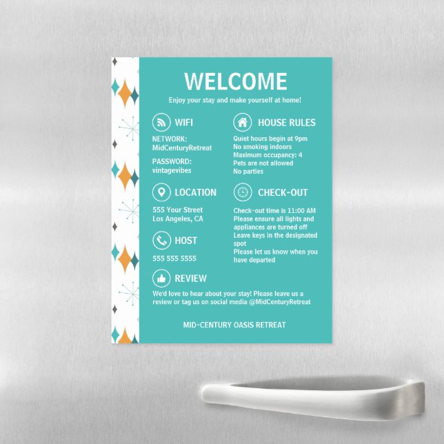 Vacation Rental Guest Information Retro Starburst Magnetic Dry Erase Sheet (In Situ)