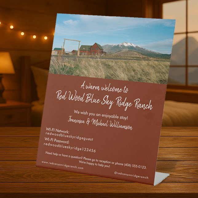 Vacation Rental Guest Welcome & WIFI-Custom Photo Pedestal Sign (Make your guests feel welcome with this custom photo room signage)