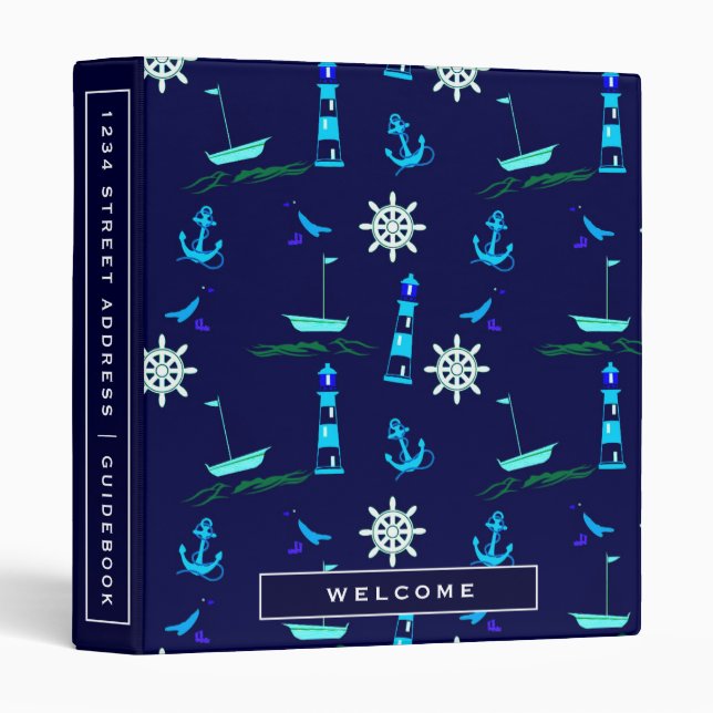 Vacation Rental Guidebook | Blue Nautical Pattern 3 Ring Binder (Front/Spine)