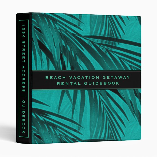 Vacation Rental Guidebook | Turquoise Palm Leaf 3 Ring Binder (Front/Spine)