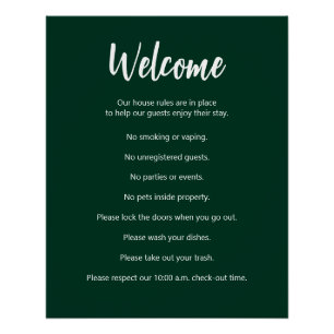 Vacation Rental House Rules Dark Green and White Poster