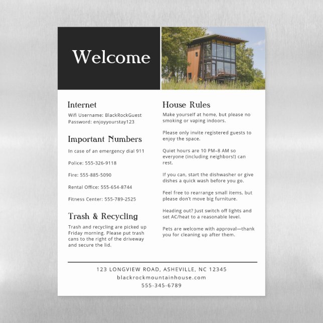 Vacation Rental Property Information Magnet Sign Magnetic Dry Erase Sheet (Vertical)