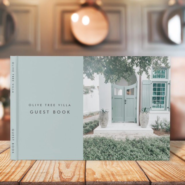 Vacation Rental Simple Elegant Sage Green Photo Guest Book (Creator Uploaded)