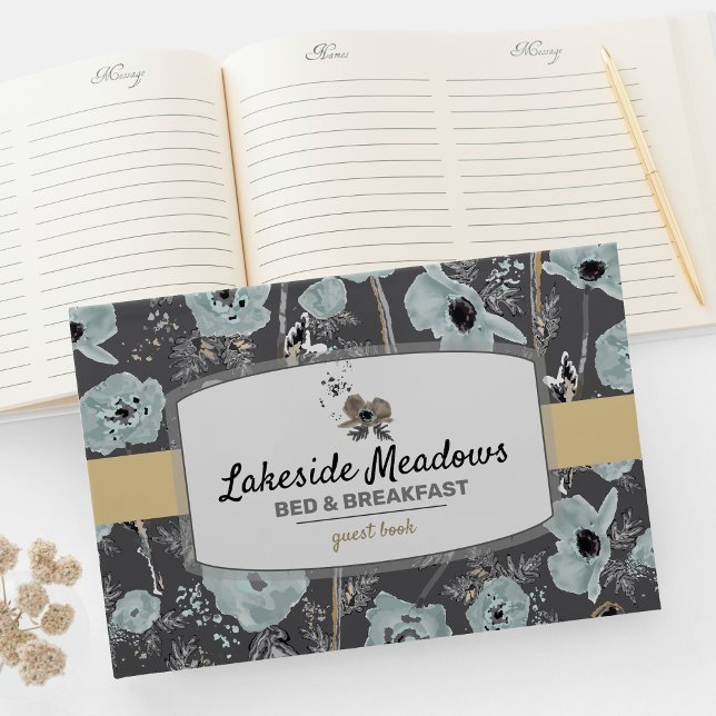 Vacation Rental Watercolor Floral Poppies Pattern Guest Book (Poppies Gray Blue Black Watercolor Flowers guest book. Design by Jenn Steffen for Studio Posies.)