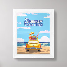 Vacation travel poster yellow car with luggage