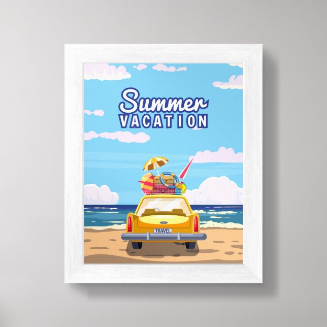 Vacation travel poster yellow car with luggage (Framed Front)