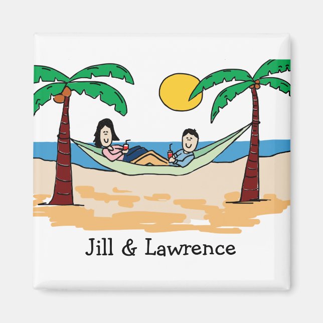 Vacationing couple- personalized cartoon magnet (Front)