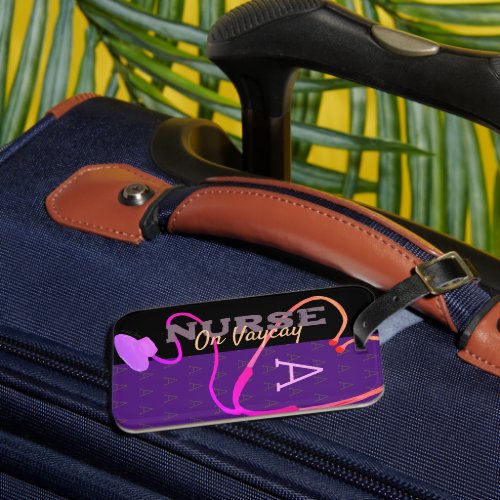 Vacay Nurse Monogram Pattern Colorful Purple Black Luggage Tag