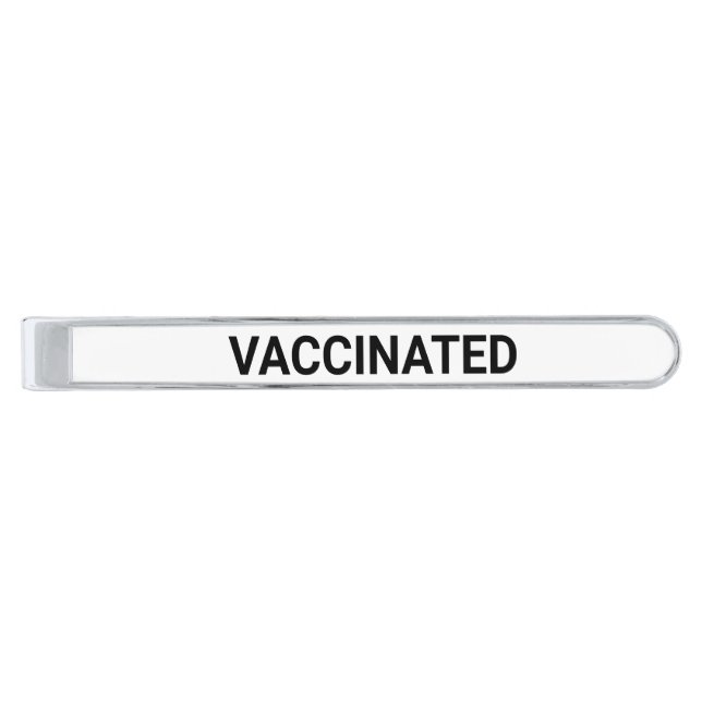 Vaccinated, black white customizable silver finish tie bar (Front)