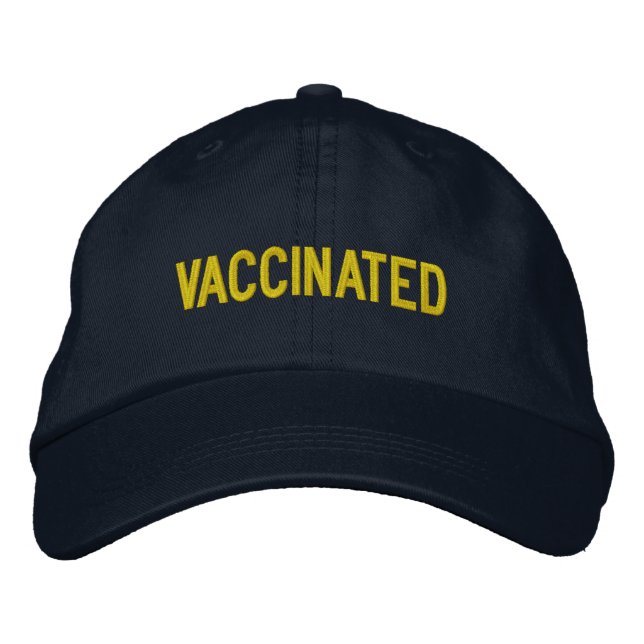 Vaccinated, golden yellow text embroidered baseball cap (Front)