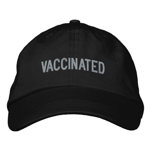 Vaccinated, light grey text black embroidered baseball cap (Front)