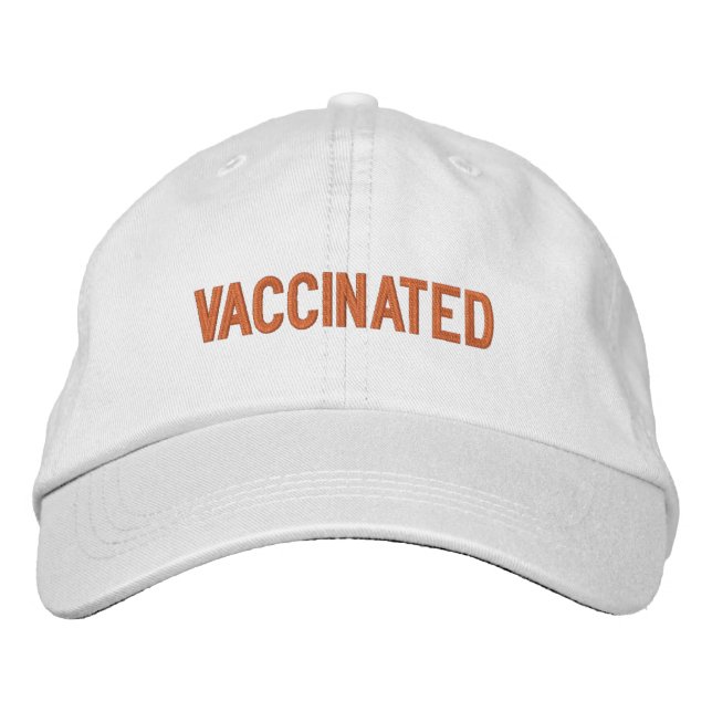 Vaccinated,  orange text grey embroidered baseball cap (Front)