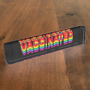 Vaccinated pride lgbt queer gay rainbow black desk name plate