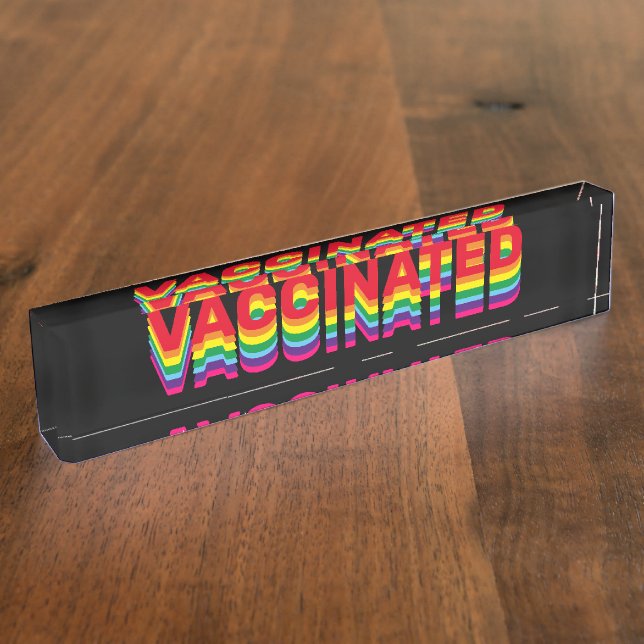 Vaccinated pride lgbt queer gay rainbow black desk name plate (Side)