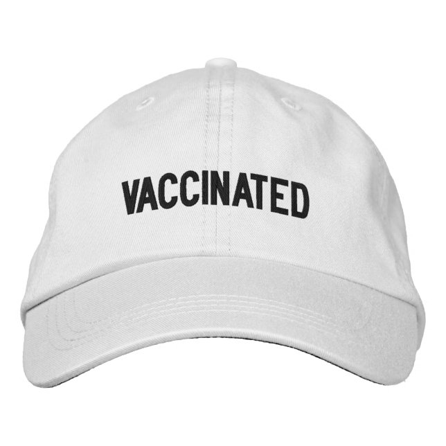Vaccinated white black custom text modern embroidered baseball cap (Front)
